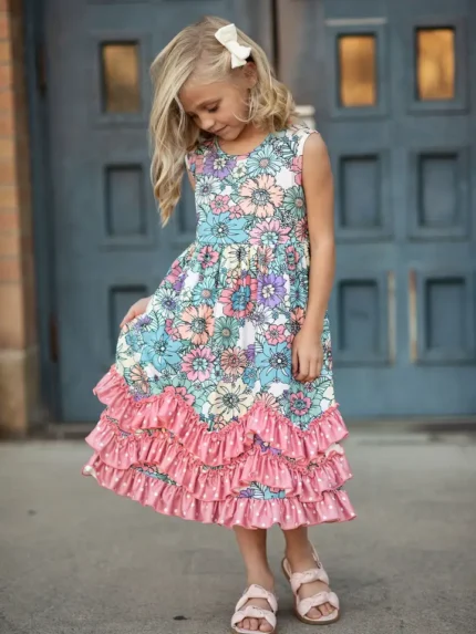 Vestido de primavera/verano/pascua estampado floral en rosa pastel para niñas.