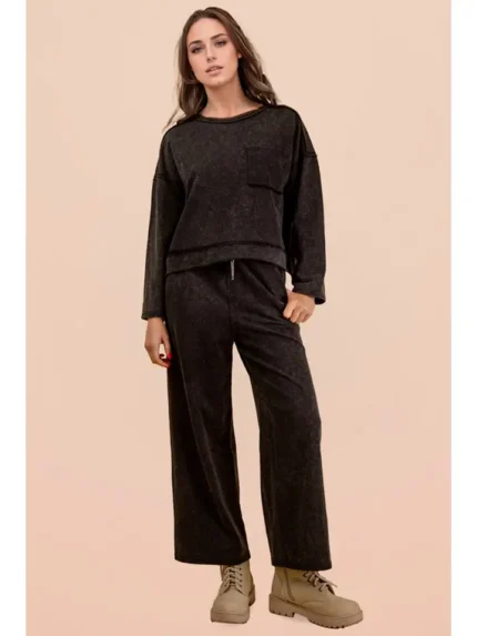Conjunto de Top de Punto Casual Lavado Mineral y Pantalones