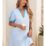 Vestido con detalle de rayas en contraste, cuello con muesca y mangas abullonadas de LDC